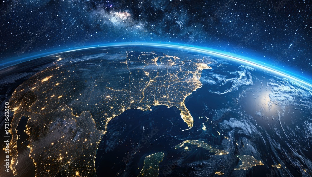 Obraz premium Night view of Earth, showcasing North America's city lights against a backdrop of space, the Milky Way visible