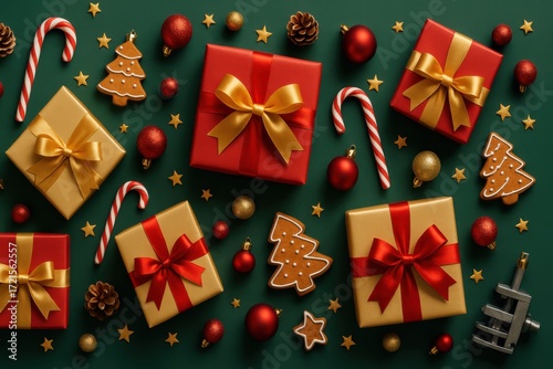 Festive Christmas gifts and holiday decorations on a dark green background.