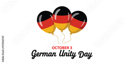 German Unity Day celebration with black, red, and gold balloons and bold typography marking October 3 national holiday in Germany