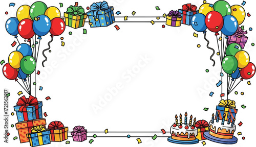 Festive frame with balloons gifts and cakes creating a celebratory border for special occasions