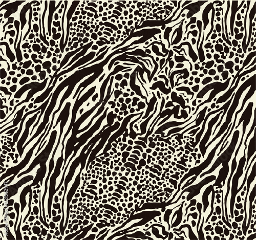 Leopard print. Vector seamless pattern. Animal skin background with black and brown spots on beige backdrop. Abstract exotic safari texture. Jaguar, leo, puma cheetah fur pattern. Repeat design