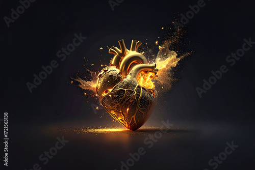 A mechanical anatomical heart with a golden glow and sparks, against a dark background. The image captures concepts of technology, medicine, and human emotion.