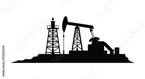 Silhouette of oil pumps and drilling rigs against a white background