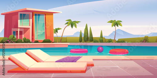 House and swimming pool with deck chairs vector illustration