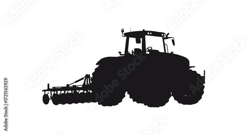 Black silhouette of a modern tractor with farming equipment attached