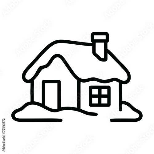 Snow-covered chalet icon in black and white, Christmas theme