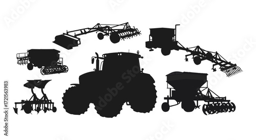 Silhouettes of various agricultural machinery and farming equipment isolated on white