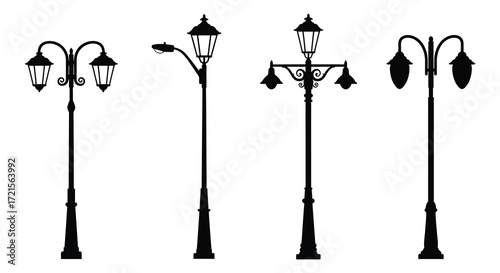 A collection of ornate black street lamps on a white background