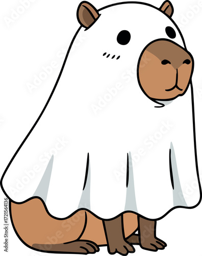 Capybara wearing white ghost costume playful Halloween vector design for festive and fun celebration