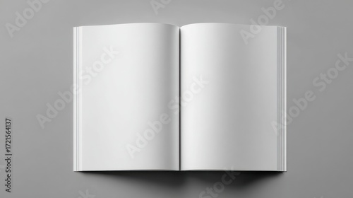 An open book showcasing two blank pages against a plain gray backdrop, top-down view