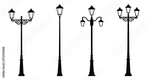 Variety of ornate black street lamps shown in a simple graphic style