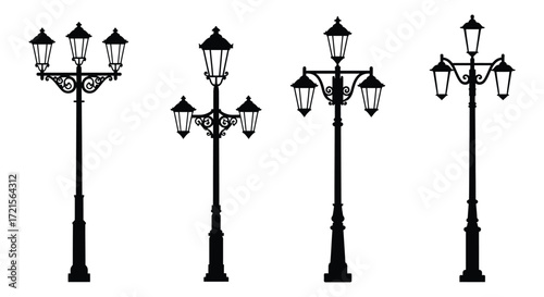 A collection of vintage street lamps in black and white silhouettes