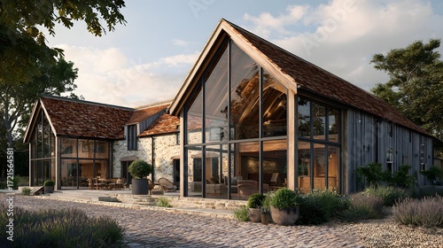 Elegant stone barn conversion with expansive glass facade and rustic charm