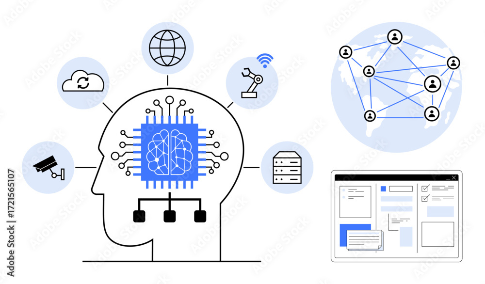 custom made wallpaper toronto digitalHuman head with circuit brain surrounded by cloud, automation, network globe. Neural connections, data processing, digital workflows. Ideal for AI, machine learning, data automation innovation