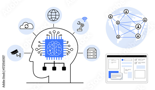 Wallpaper Mural Human head with circuit brain surrounded by cloud, automation, network globe. Neural connections, data processing, digital workflows. Ideal for AI, machine learning, data automation innovation Torontodigital.ca