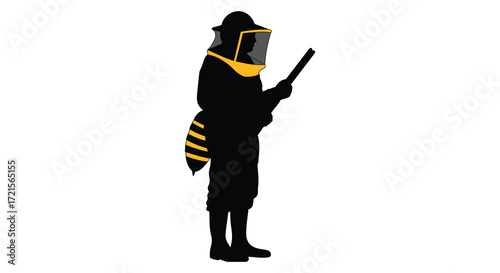Silhouette of a beekeeper in protective gear inspecting a beehive