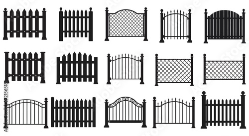 Collection of black and white ornamental wrought iron fence gate designs