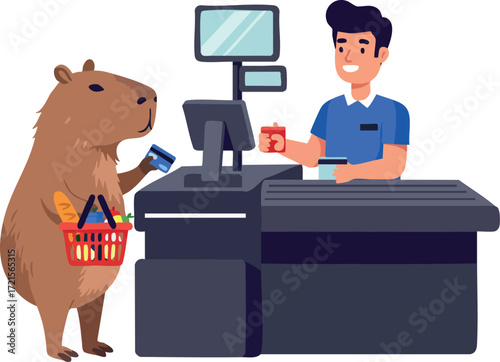 Capybara shopping with basket at cashier counter paying for groceries in store vector illustration