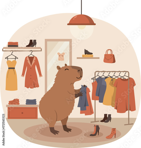 Capybara shopping for clothes in stylish boutique with dresses, shoes, and accessories in cozy store interior
