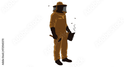 A silhouette of a beekeeper in protective gear with flying bees