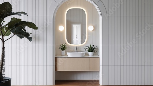 a modern interior design style, featuring a minimalist bathroom layout. The focal point is an arched doorway leading to a small, elegant wash area.