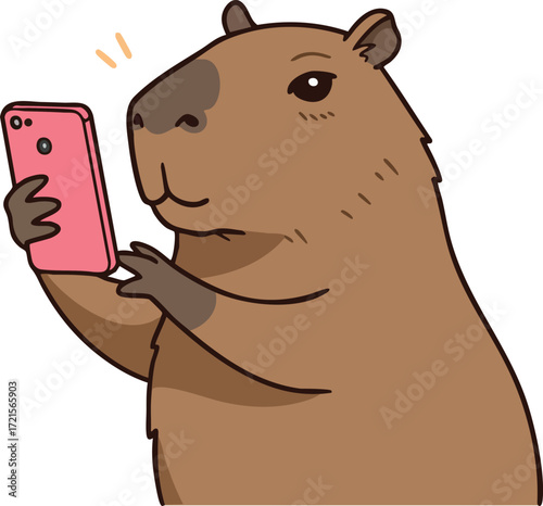 Capybara holding smartphone taking selfie digital vector illustration cute animal technology concept