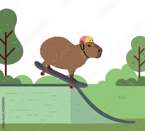 Capybara riding skateboard in park with helmet and trees background vector illustration