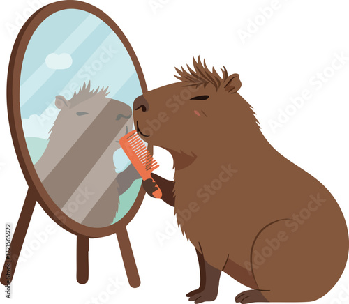 Capybara grooming itself with comb in front of standing mirror vector illustration in simple style