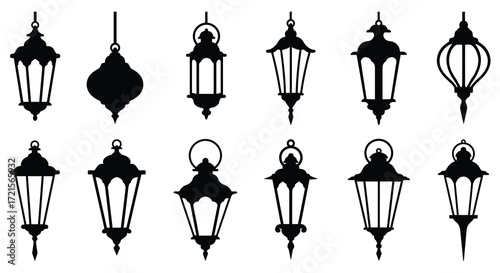 An assortment of vintage style black silhouette street lamps and lanterns