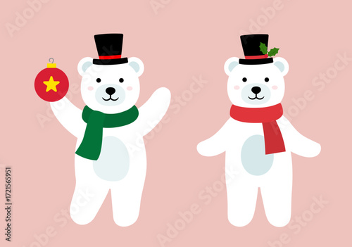 Set of Cute christmas polar bear flat vector illustration. 
Polar bear character wearing a Christmas black top hat.
Good for greeting card, banner, flayer, leaflet, poster. 
