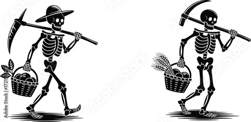 Skeleton farmer vector illustration, harvest basket, pickaxe, agriculture theme, gothic style, black and white artwork for Halloween, farming, spooky concept