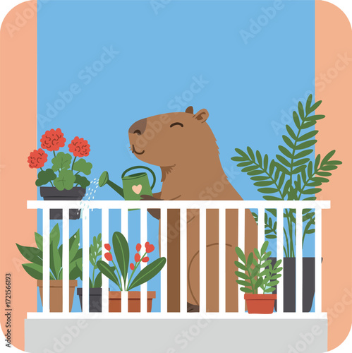 Capybara enjoying gardening on balcony surrounded by colorful potted plants and flowers in bright daylight vector illustration
