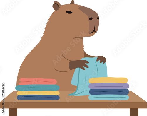 Capybara folding colorful towels on wooden table simple animal vector illustration cute calm scene