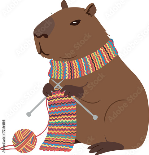 Capybara knitting colorful scarf with yarn ball vector illustration cute animal hobby activity