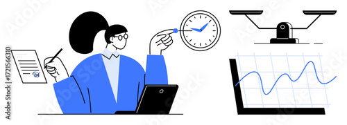 Professional analyzing documents and balancing tasks while monitoring a clock, graph, and scale. Ideal for productivity, efficiency, planning, decision-making, analysis, balance management simple