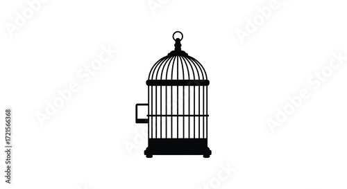 A simple black silhouette of an empty birdcage on white background