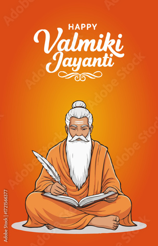 Happy Valmiki Jayanti Rishi Writing Ancient Epic Book Quill Pen Indian Literature Festival Devotional Celebration Sanskrit Wisdom Poetry