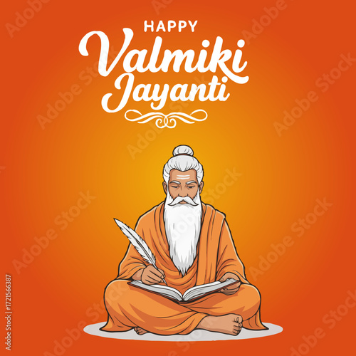Happy Valmiki Jayanti Sanskrit Ramayana Writer Saint Sitting Scripture Festival Art Devotional Literature Guru Pen Indian Epic Book Wisdom