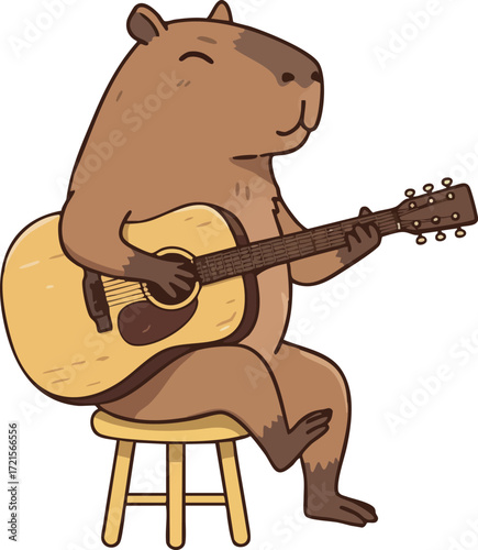 Capybara playing acoustic guitar sitting on wooden stool cartoon vector illustration peaceful animal music hobby