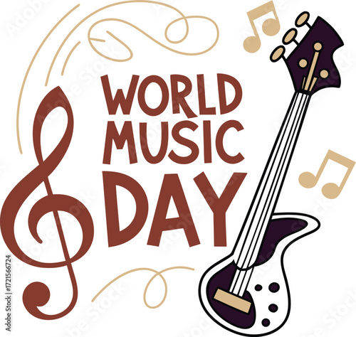  "World Music Day" typography, with Musical notes  for a global music festival celebration
