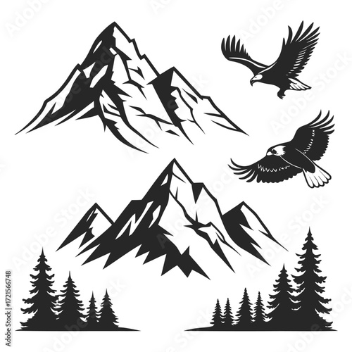 Mountain Silhouette Icons Vector Set – Minimal Nature & Adventure Elements