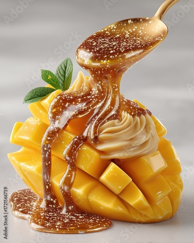 Half-eaten mango on sun-kissed skin with spoon