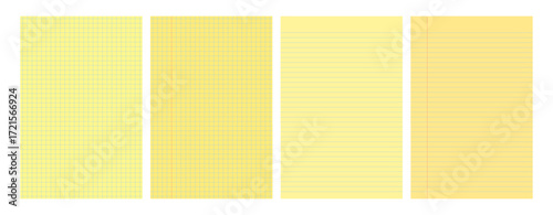 Set of yellow legal pad pages with lined or grid designs