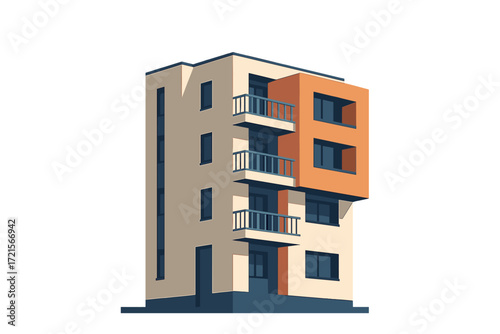 A contemporary geometric apartment building set against a blue sky