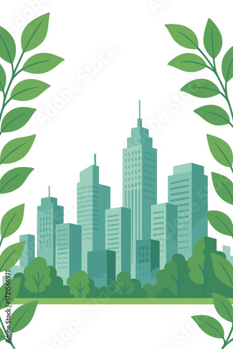 Verdant foliage outlines a contemporary cityscape, forming a balanced fusion of nature and urban existence