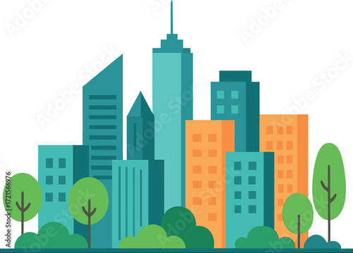 Contemporary cityscape featuring skyscrapers and trees rendered in a flat style