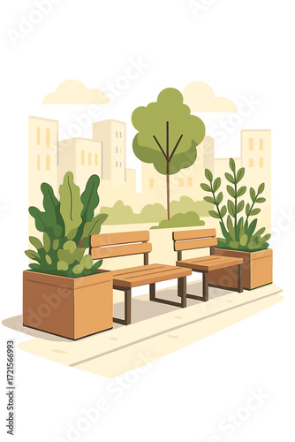 Contemporary patio seating flanked by planters on a bright city sidewalk