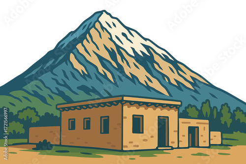 An adobe house of the Pamiri people stands before a mountain in Qazi deh, Badakhshan province, Afghanistan