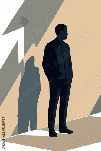 A lone man stands before a textured wall, lit by shadows and light in a minimalist setting