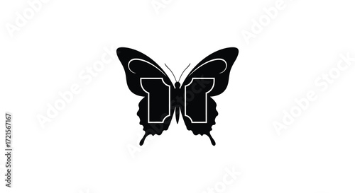 A striking black and white illustration of a butterfly in flight